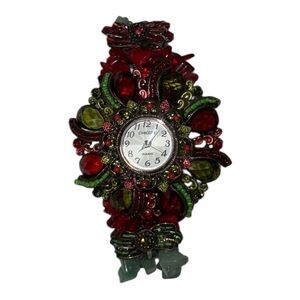 Vintage CHICO'S Red & Green Watch Sparkly Beaded Quartz Style Stretch Band